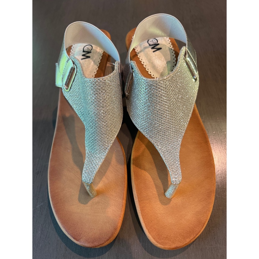 Comfort Me Cherie Silver Metallic Cork Wedge Slingback Thong Sandals Womens 7.5M